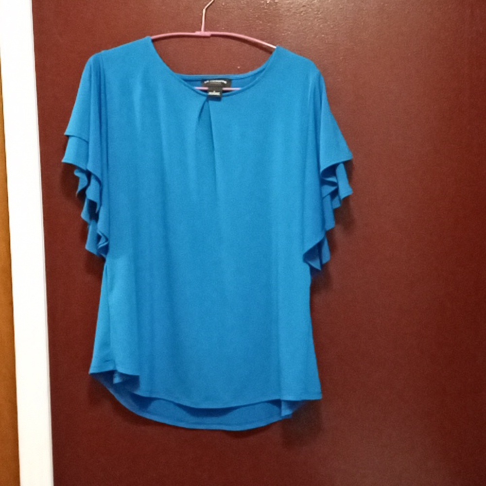 Liz Claiborne Blue Flutter Sleeve Ruffled Blouse